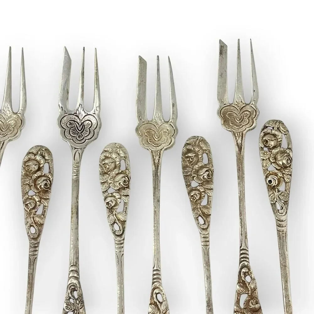 Silver 800 835 Dessert Pastry Mini Forks Fork Lot of 12 Floral Ornate Rose 5.5”
